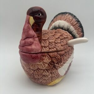 Vintage Thanksgiving Ceramic Turkey Tureen Gravy Boat with Lid and Spoon 3pc Set